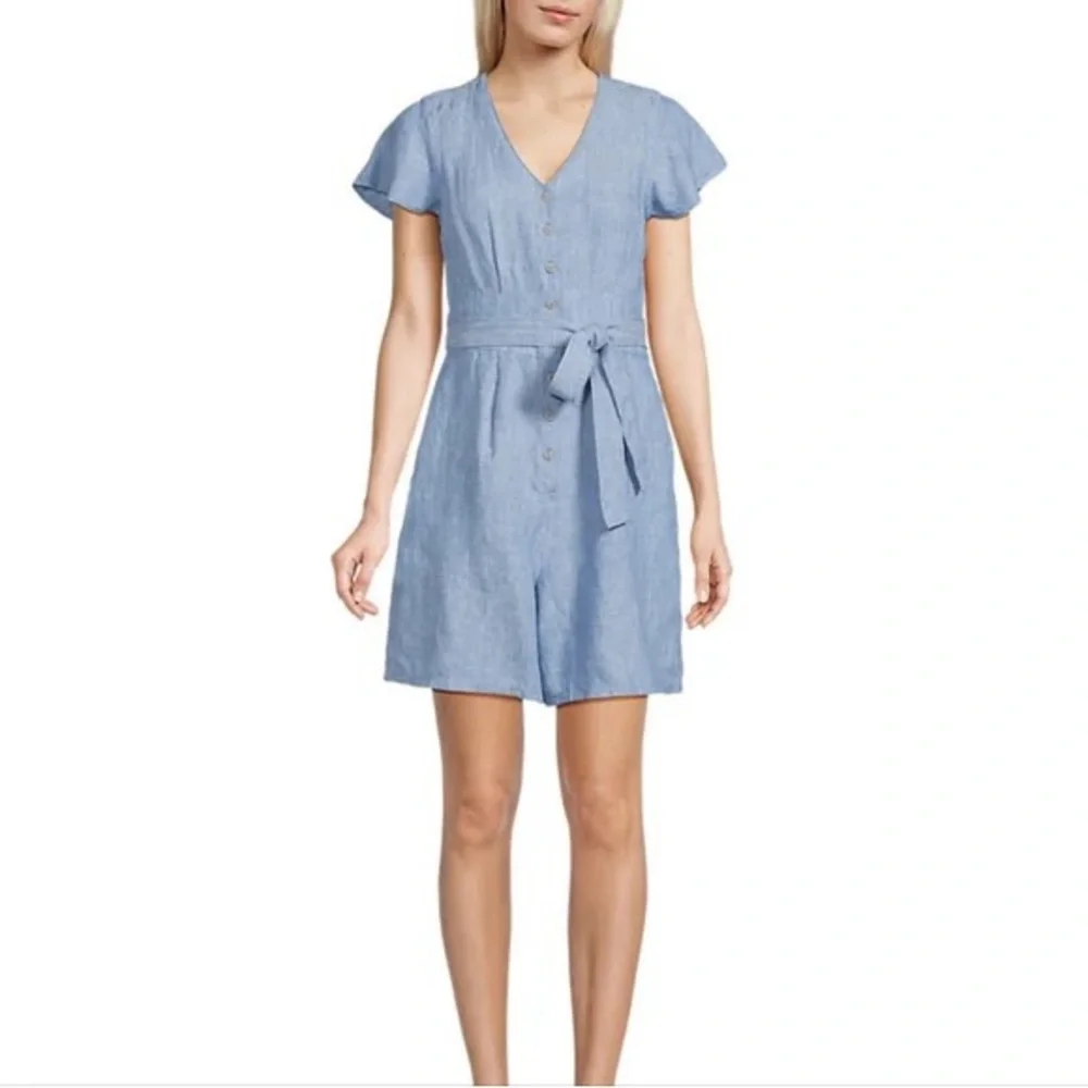 Lands End Linen Blue Button Down Romper 6 - Picture 1 of 8